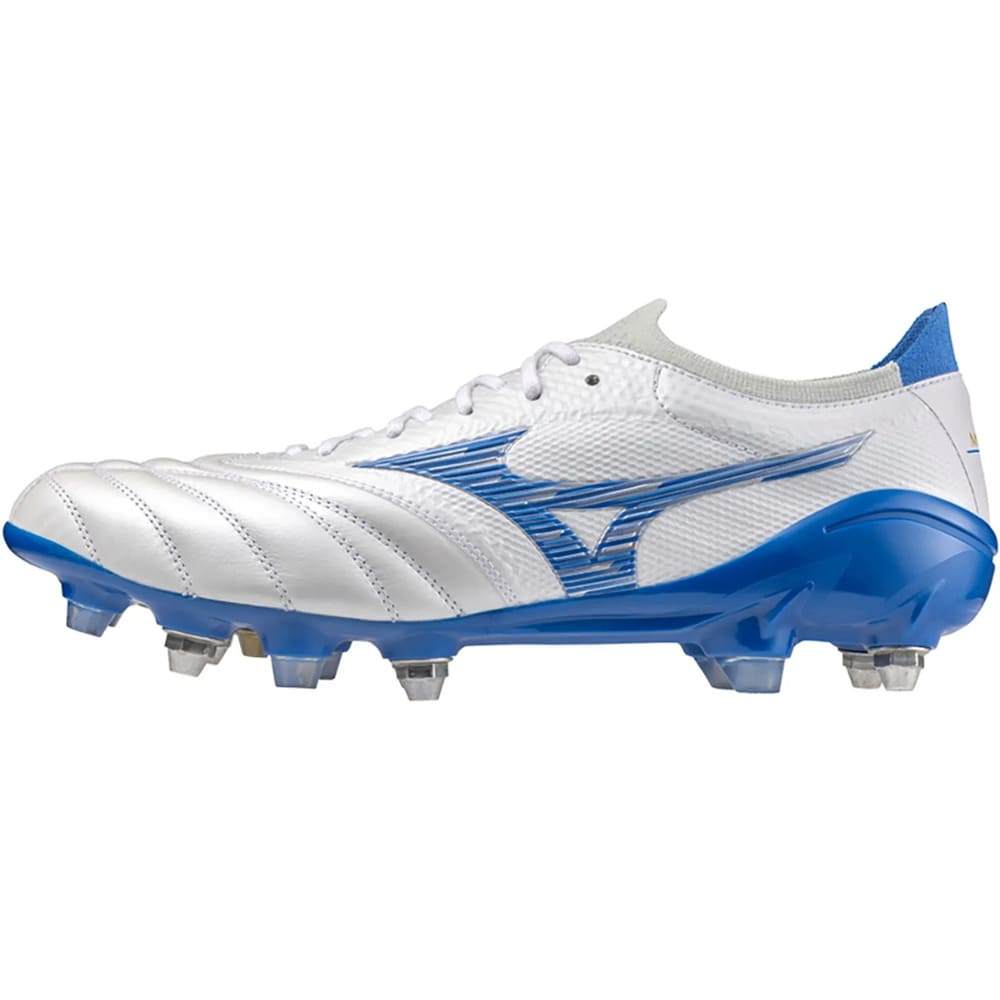 Chuteira Mizuno Campo Morelia Neo IV Japan Trava Mista Branca/Azul Oficial  + NF