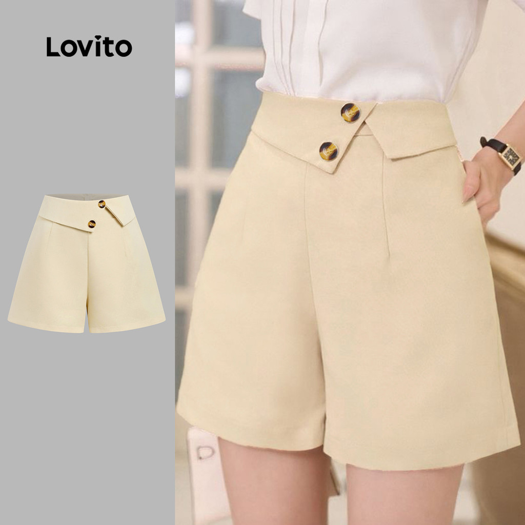 Lovito Shorts Elegantes Assimétricos com Botões Primavera/verão Shorts Cáquis para Mulheres L157LD290