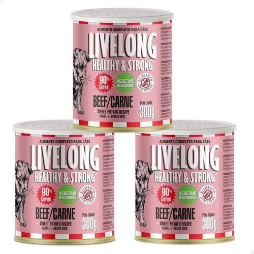 Kit 3 Latas Livelong Ração Úmida Cães Carne total 900g | Alimento Premium Nat...