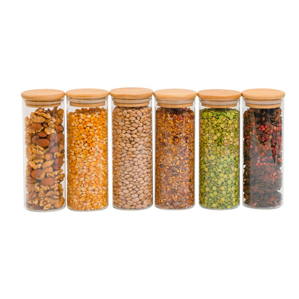Kit 6 potes de vidro 450ml com tampa de bambu herméticos redondos - Tüd em Oferta na Shopee