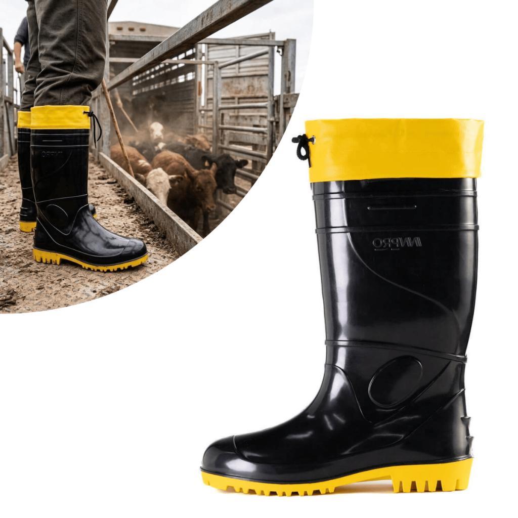 Bota Borracha Pvc Impermeável Preto/amarela C/amarra Galocha Profissionais Alta Durabilidade