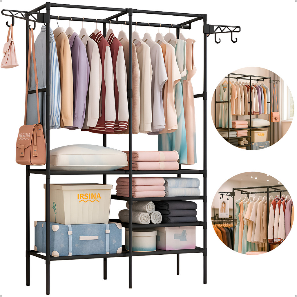 Guarda Roupa Portatil Closet Aberto Organizador de Roupa Arara 2 Divisórias Preto com 6 Prateleiras