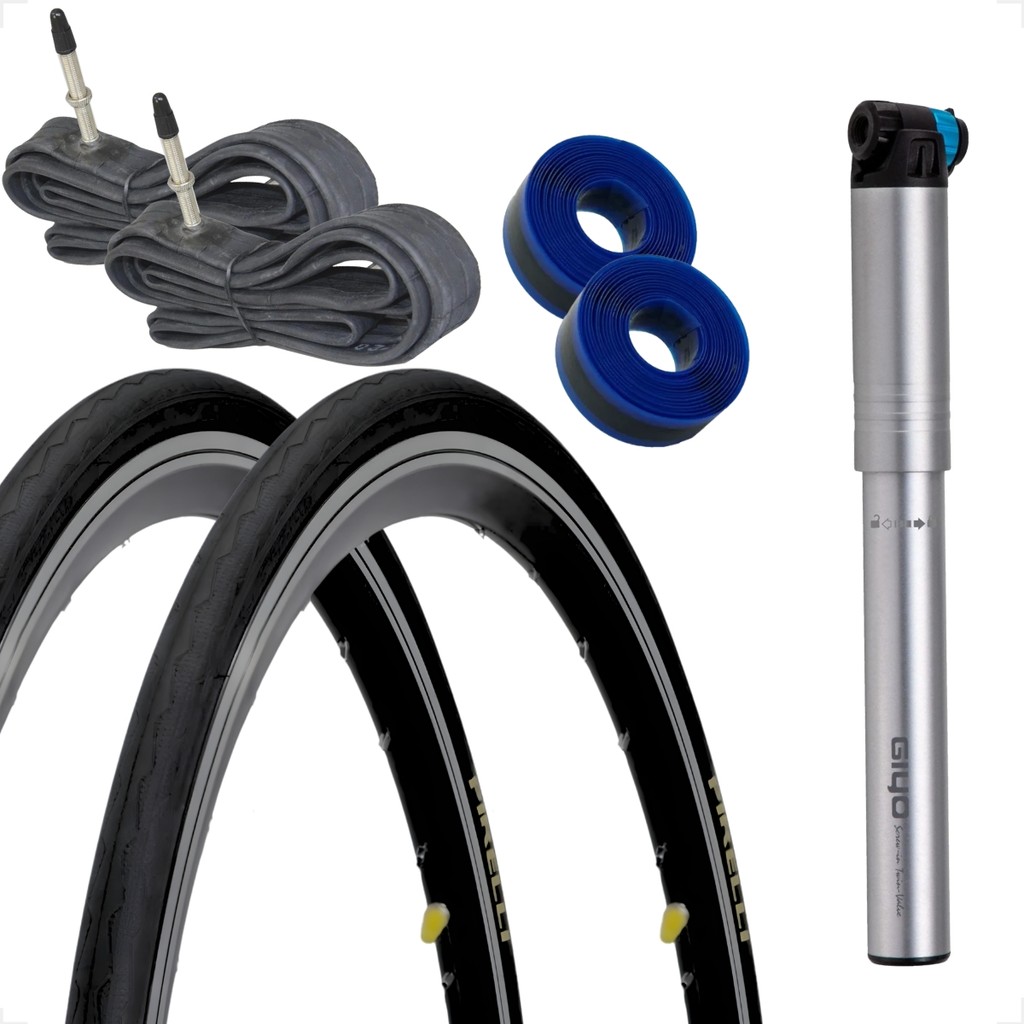 Par Pneu Bicicleta Pirelli Tornado Alfa 700 25 Camaras Bico fino Bombinha Giyo 120psi fita antifuro