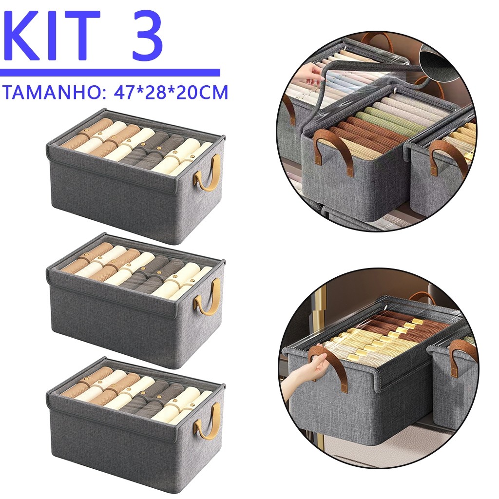KIT 3 Caixas Organizadoras com Tampa Transparente – Oxford Reforçado 47×28×20cm