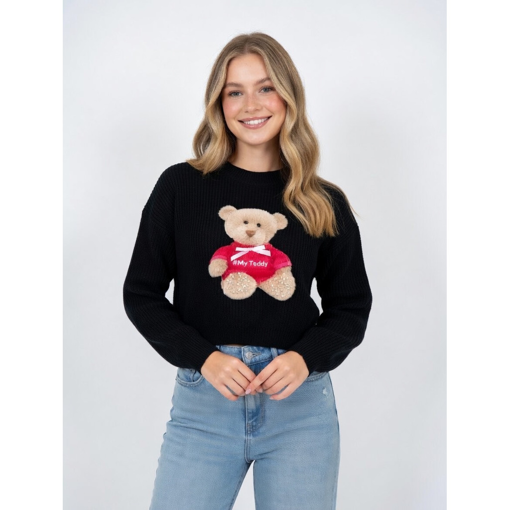 Cropped Blusa De Frio Tricô My Teddy Estampa 3D Aveludada Laço Cetim ,Pedraria Bordada à Mão Luxo Elegante Veste P/ M/G