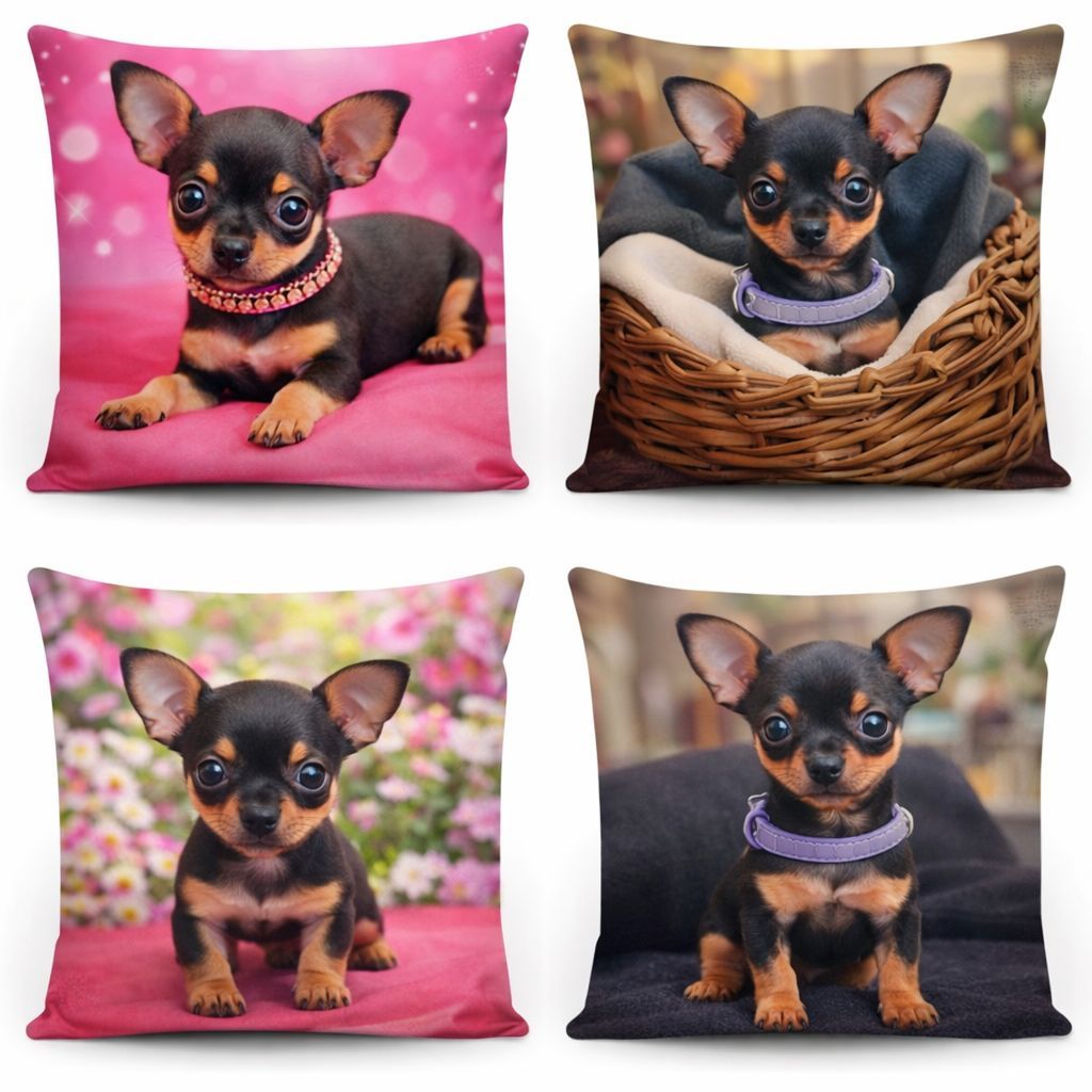 Detalhes do Kit 4 Capas de Almofada 45x45 Raças Pequenas Cachorros Basset Salsicha Pinscher Shih-Tzu