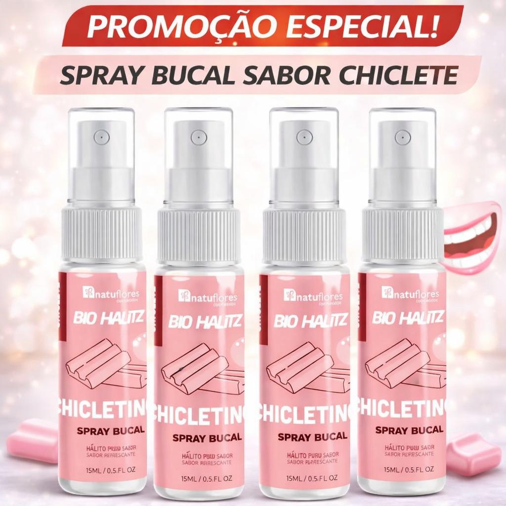 Spray Bucal Chicletinho Bio Halitz Natuflores 15ml Hálito Fresco Instantâneo 1 2 3 ou 4 Unidades