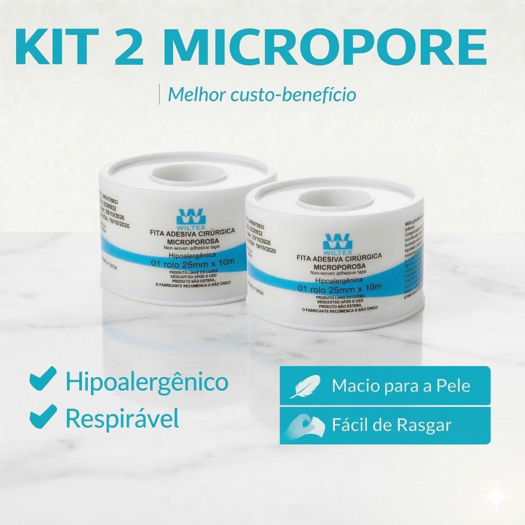 Kit com 2 Fita Micropore Branca 2,5cm x 10m Curativo Wiltex