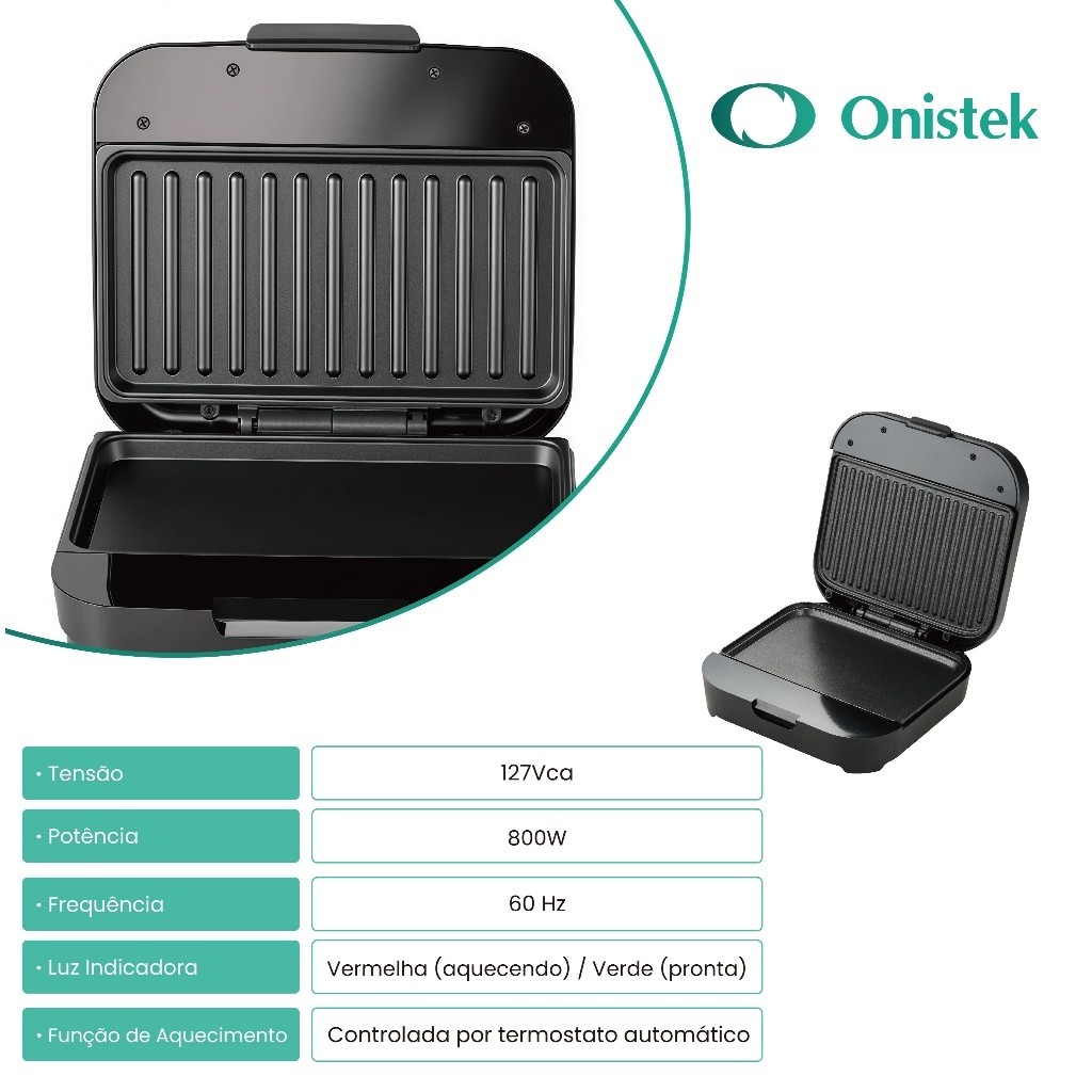 Sanduicheira Elétrica Antiaderente Preto 800W Termostato Modelo ON-FE406 127V ou 220V — imagem 2 de 2