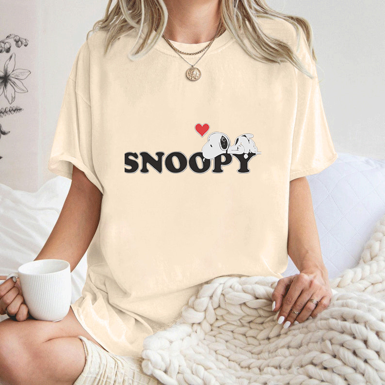 [Camiseta Premium Algodão Puro]LA Camiseta Feminina Adulto Curta Manga Snoopy, Estilo Jovem, Cor Preto, Algodão Puro, Di