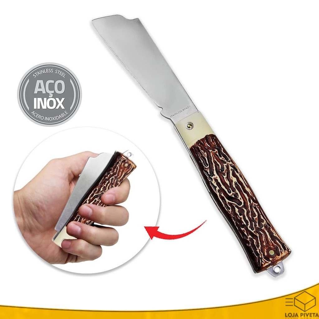 Canivete de Bolso Retrátil Ponta Larga Aço Inox Pica Fumo Pesca Roça Camping Dobrável