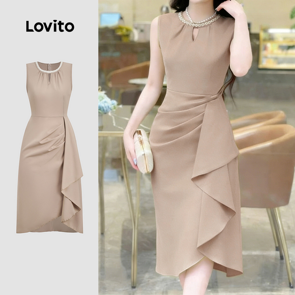 Lovito Elegante Vestido com Babados Trança e Recorte para Primavera/verão Cor Cáqui para Mulheres. LBL33062