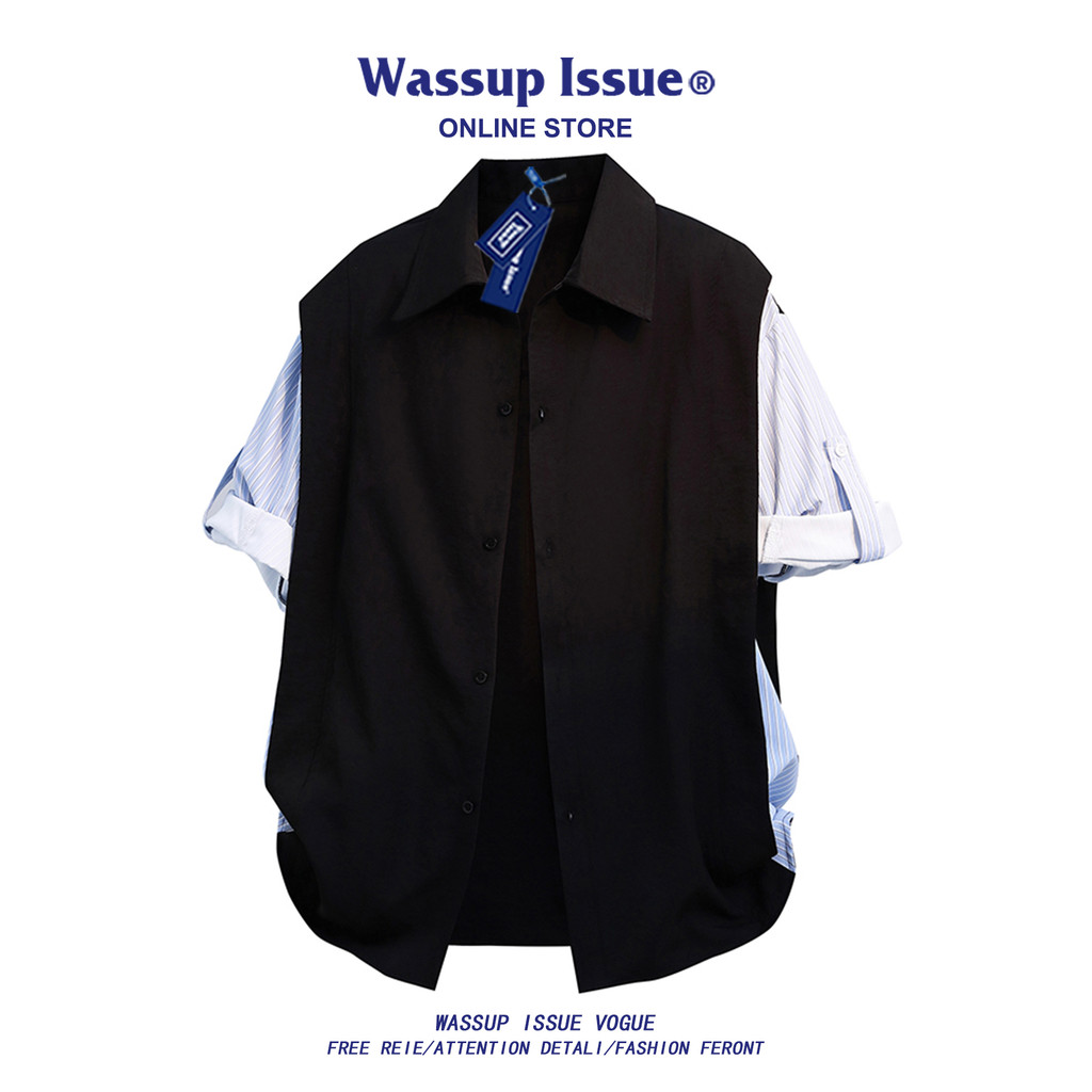 WASSUP ISSUE Camisa falsa de duas peças de manga curta masculina verão cleanfit moda costura camisa masculina