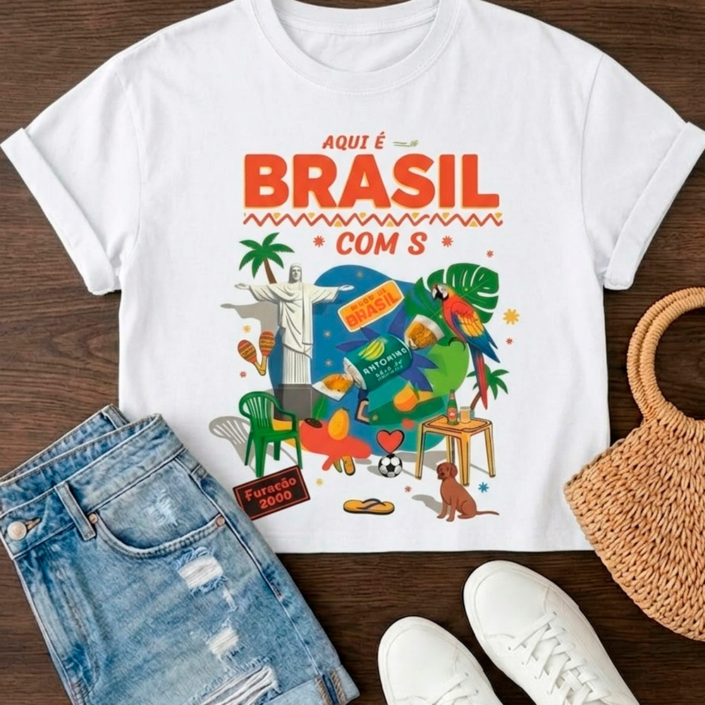Cropped Brasil Rio Arara Caramelo Praia Camisa Estampada 100% Algodão Premium