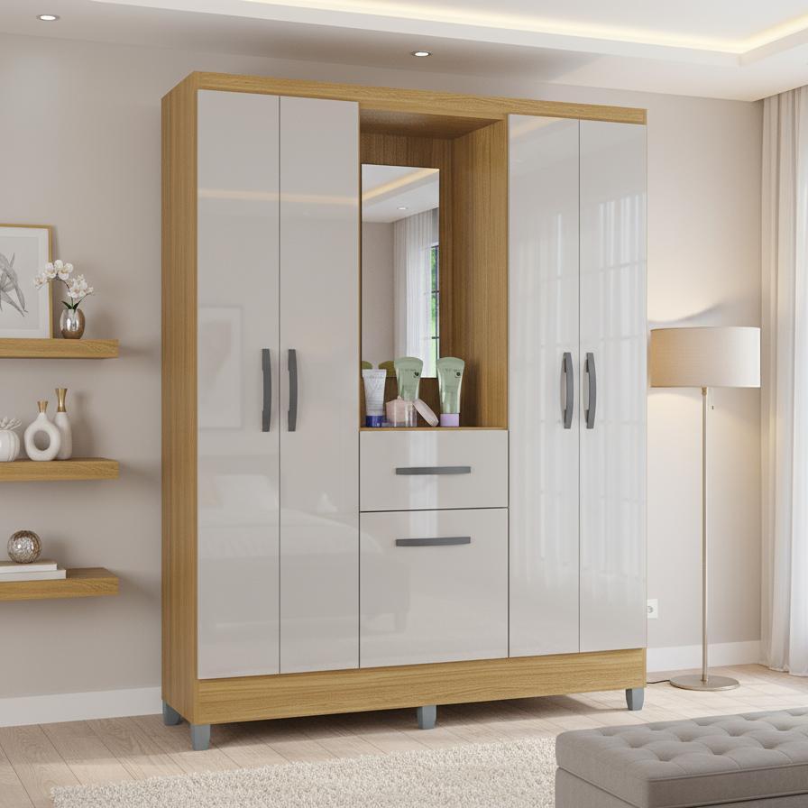 Guarda Roupa Casal com 5 Portas 1 Gaveta Atlas Poquema em Oferta na Shopee