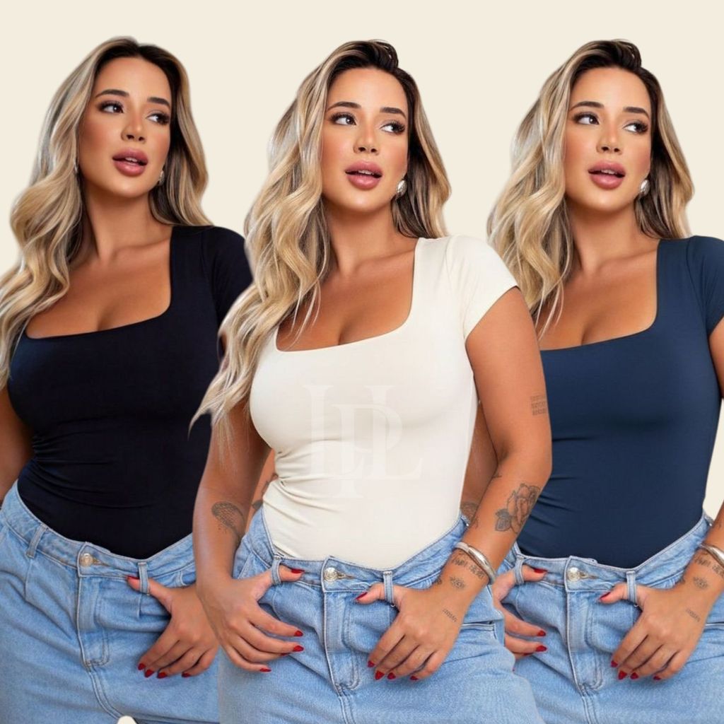 Body Feminino Manga Curta Decote Quadrado Com Forro Estilo Blogueira Tendência Versátil Moda Básica Tecido Suplex Body