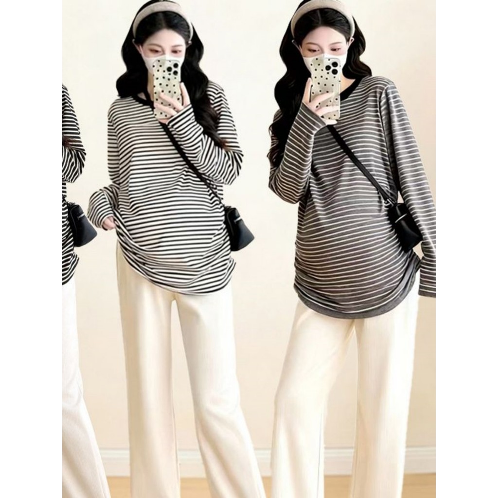 Roupa de maternidade versão coreana primavera outono inverno alemão veludo quente listrado topo na moda mamãe tamanho gr