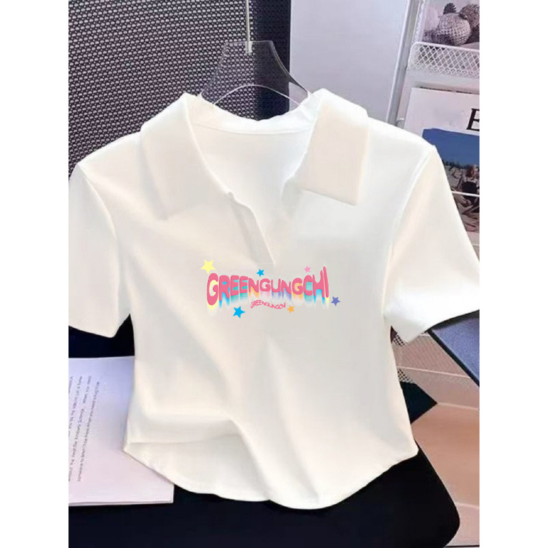 Puro algodão branco lapela manga curta camiseta feminina verão fino-ajuste curto com decote em v quente menina camiseta