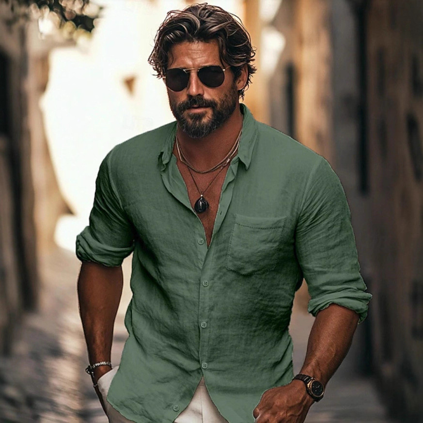 Novo estilo camisa de linho de algodão camisa masculina lapela respirável Casual manga comprida camisa de bolso chinês