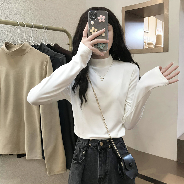 Meia gola alta de manga comprida camiseta feminina roupa interior outono inverno 2026 novo estilo camisa de fundo branca