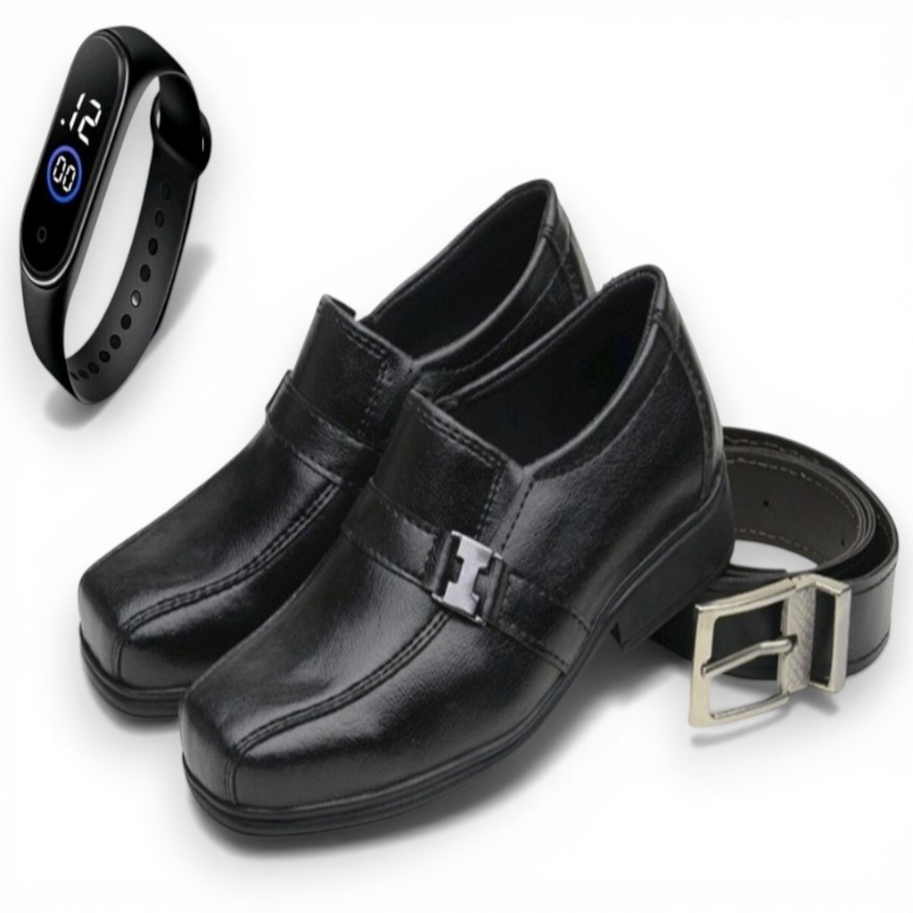 Kit Sapato Social Infantil Masculino + Cinto + Relógio Digital Elegante Confortável Completo