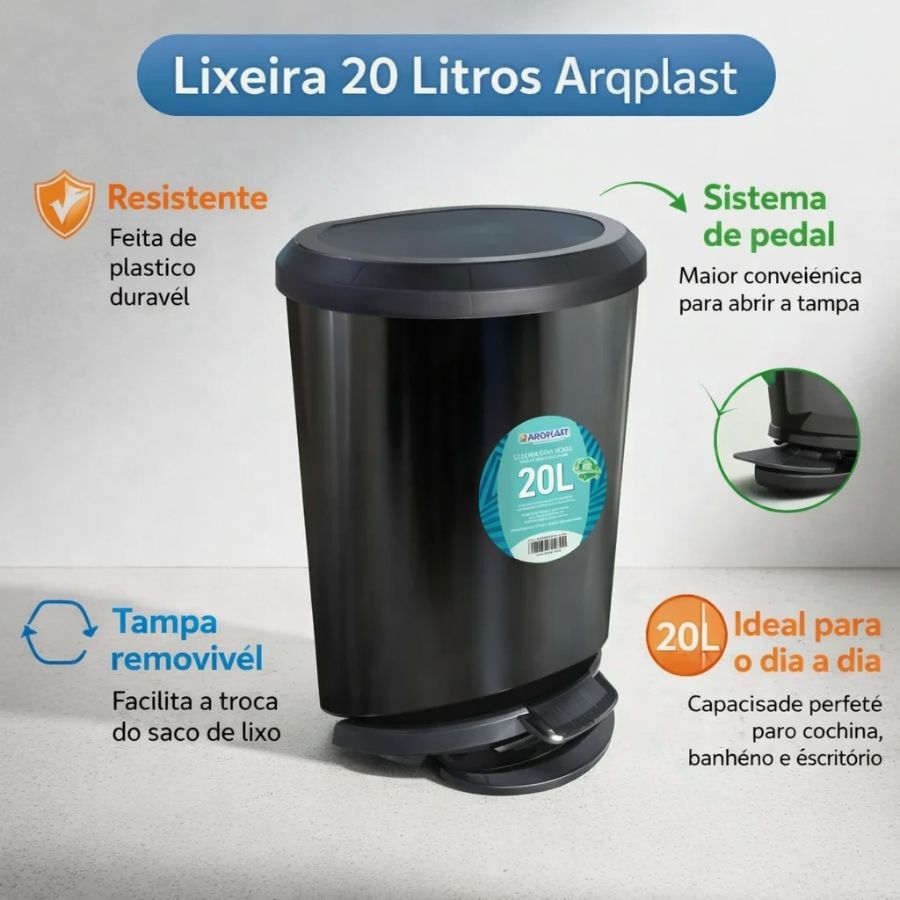 Lixeira Preta Cesto 20 Litros Preta Lixo P/ Cozinha Lavanderia Banheiro De Pedal