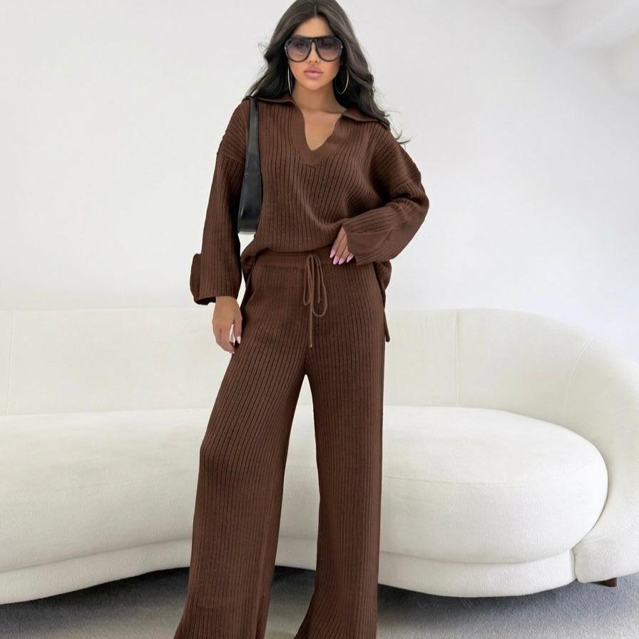 Conjunto Feminino em Tricot Blusa Alongada Oversized Polo e Calça Canelada Cordão Ajustável Aerolook