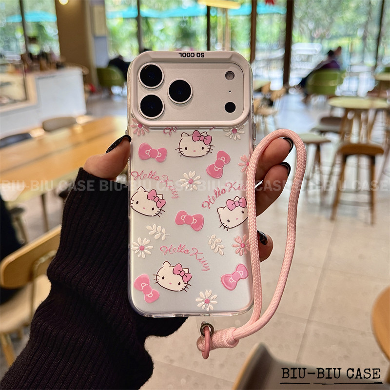 Capinha capa de Hello Kitty iPhone 17 11 12 13 15 14 16 Pro Max Xr Xs Max 7+ 8+ pulseira rosa Capa TPU choque