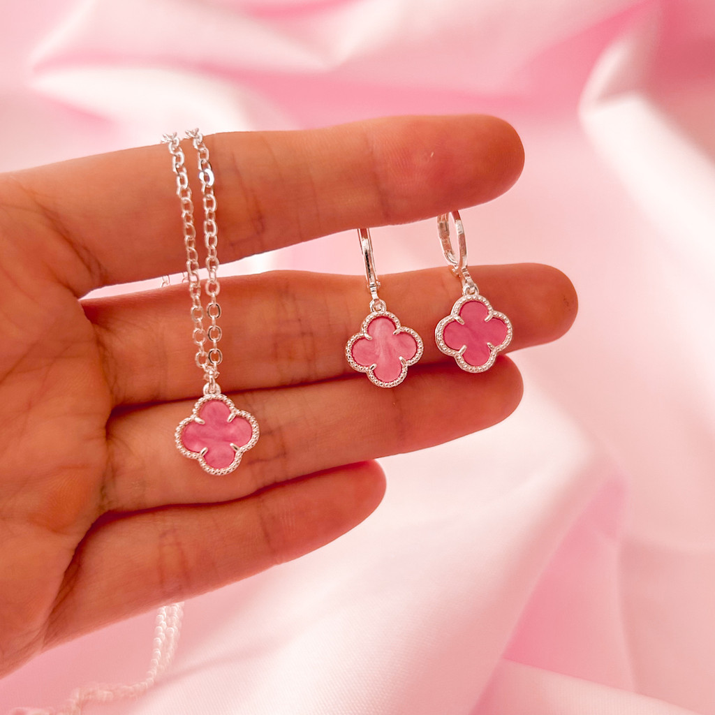 Conjunto de Colar com Brincos de Flor Trevo Rosa Banhados a Prata 925 em Oferta na Shopee