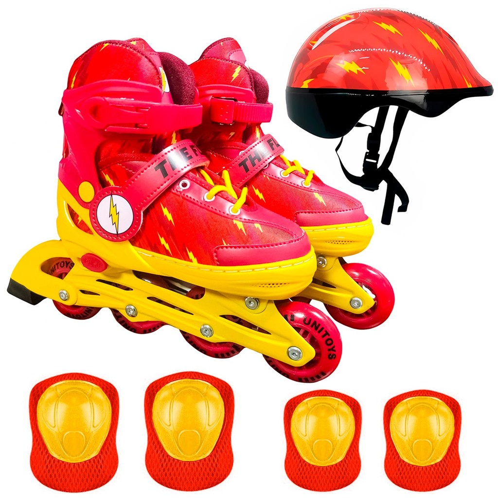 Patins Infantil Com Acessórios Flash Kit Proteção Menino Vermelho Ajustável 4 Rodas Até 60 Kg