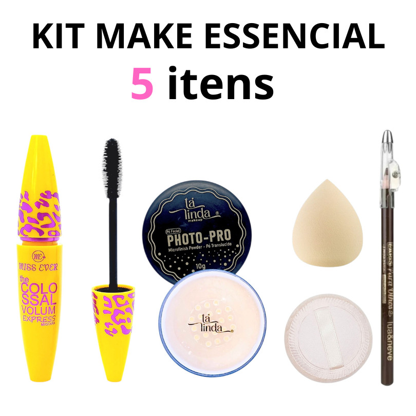 Kit Maquiagem 5 Itens: Rímel Volumão + Pó Translúcido Matte + Lápis Olho Marrom Prova D'água + Esponja + Puff - Completo