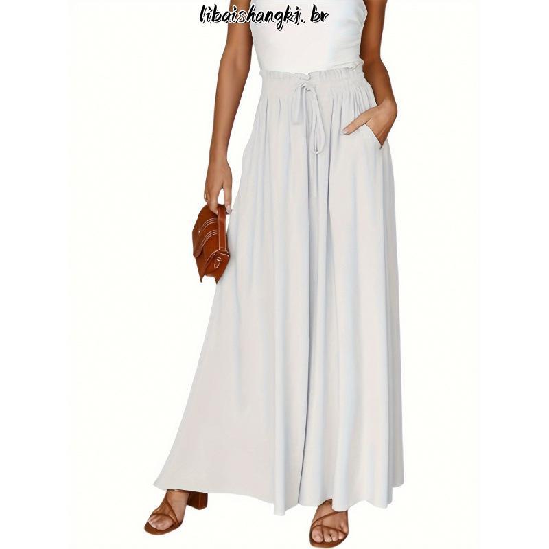 Saia Longa Plus Size Viscolinho Cintura Alta com Bolsos e Fendas Laterais