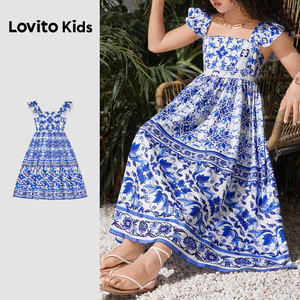 Lovito Kids Vestido Boho com Babados para Primavera/verão Azul para Meninas L168LD201 em Oferta na Shopee