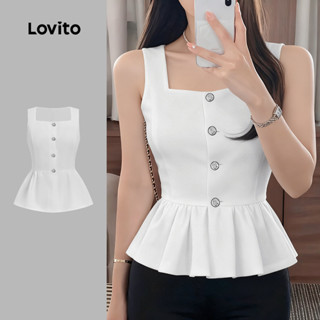 Lovito  Top Elegante com Botão Superior para Lazer, Primavera/verão, Branco para mulheres. L173AD096 em Oferta na Shopee