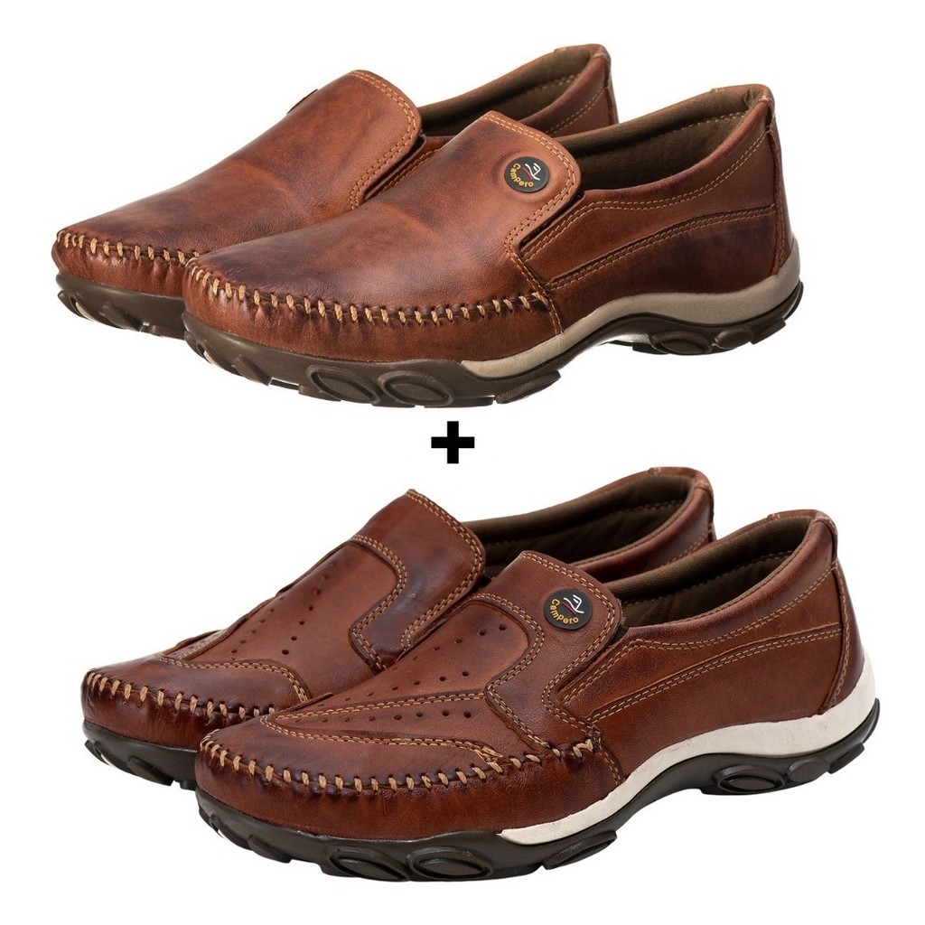 Kit Campero 2 Pares Mocassim Masculino em Couro Marrom Slip On Conforto Casual Diário Urbano