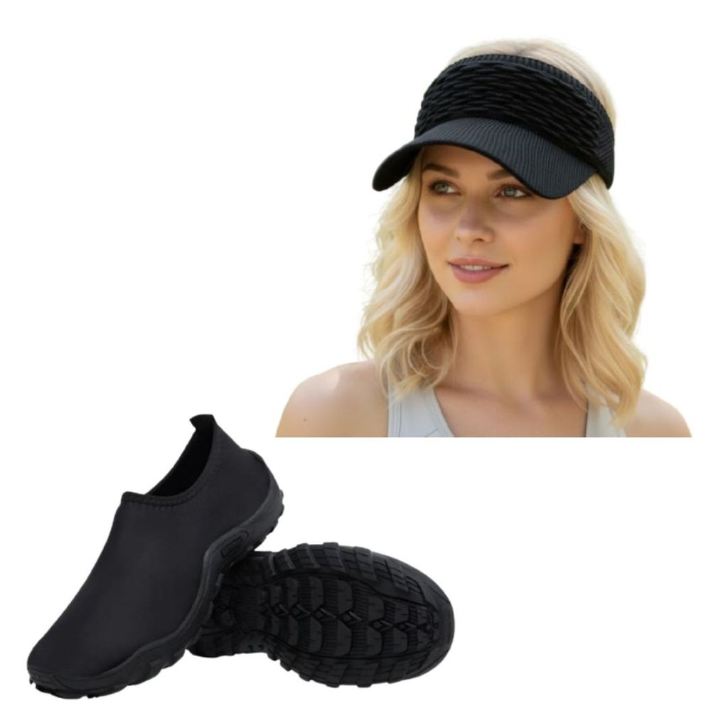 Kit Sapatilha Aquática Antiderrapante + Viseira Feminina Sol Praia Verão Esporte
