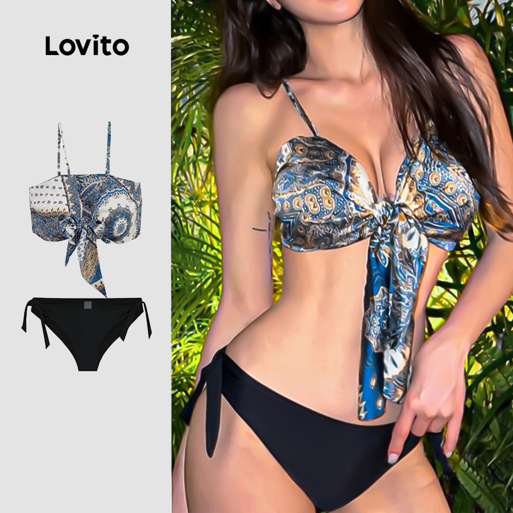 Lovito  Conjuntos de Biquíni Sexy Estampa e Amarração para Primavera/verão para Mulheres LNE134049 em Oferta na Shopee
