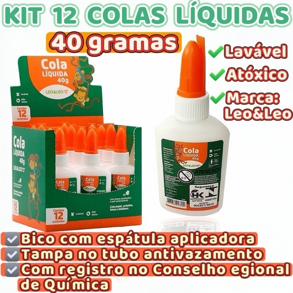 Kit 12 Cola Líquida Branca Escolar 40g Com Artigo Escolar Colar Infantil Papelaria Artes Leo&Leo