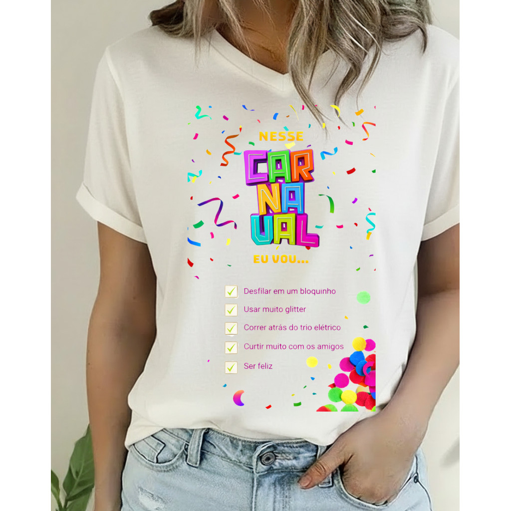 Camisa Camiseta Feminina Carnaval 2026 Bloquinho Colorida Tshirt 100% Algodão