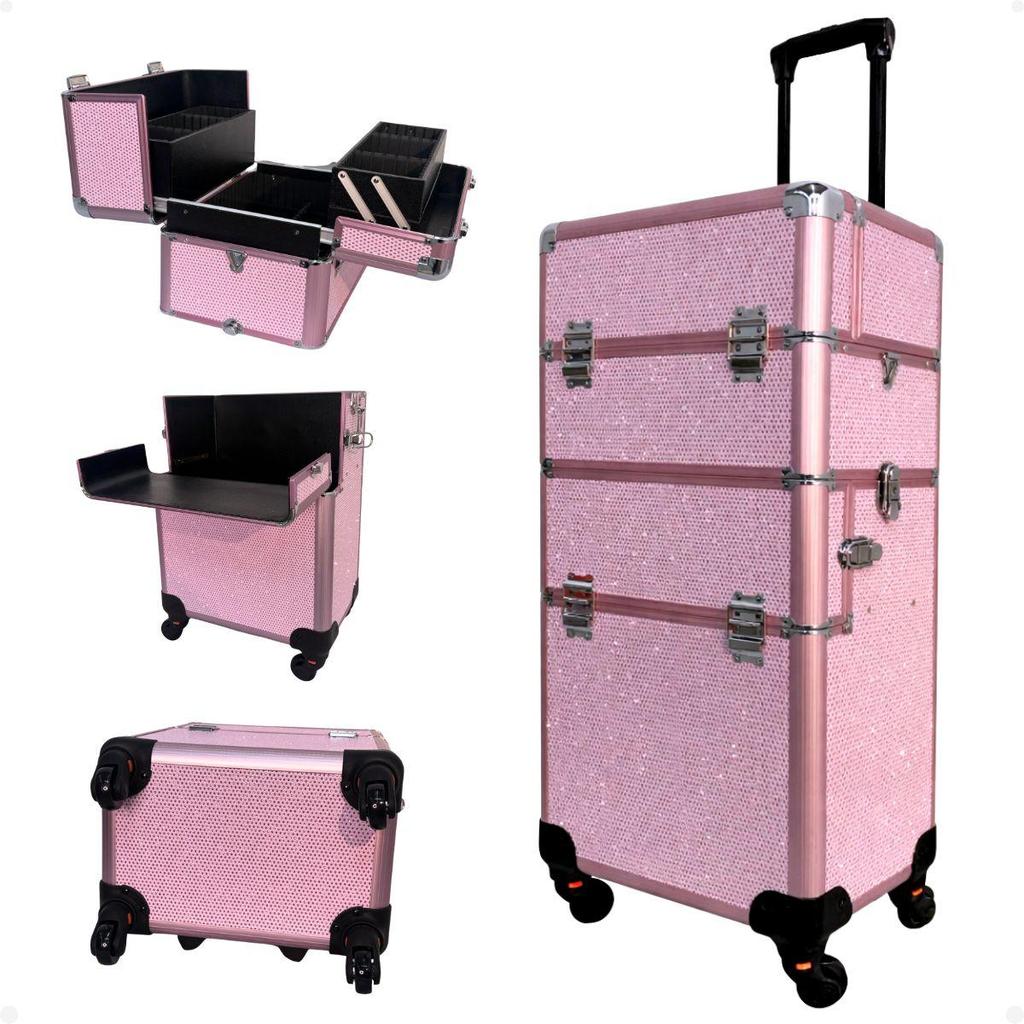 Maleta Carrinho 2 em 1 Klass Vough 2 Andares 4 Rodinhas Rosa com Brilho DB-913R