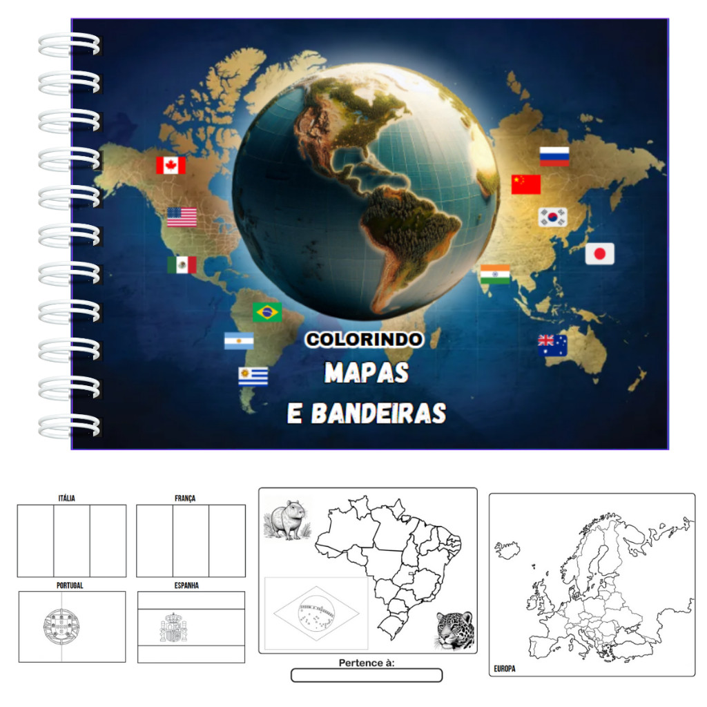 Livro De Colorir Educativo Países Bandeiras Mapas Continentes A5 Capa Dura 50 Páginas 180g em Oferta na Shopee