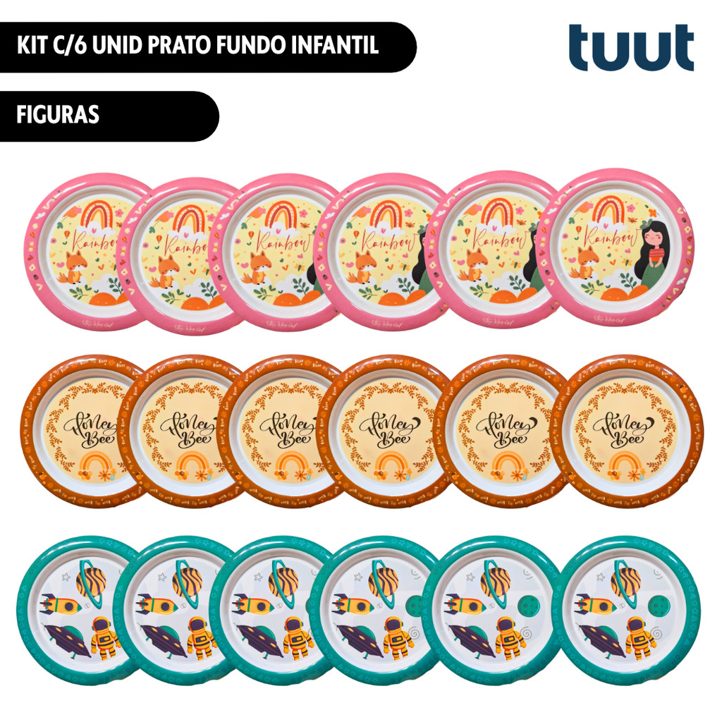 Kit c/6 Unid Prato Fundo Infantil 22cm Figuras Redondo Melamine Resistente Yazi em Oferta na Shopee