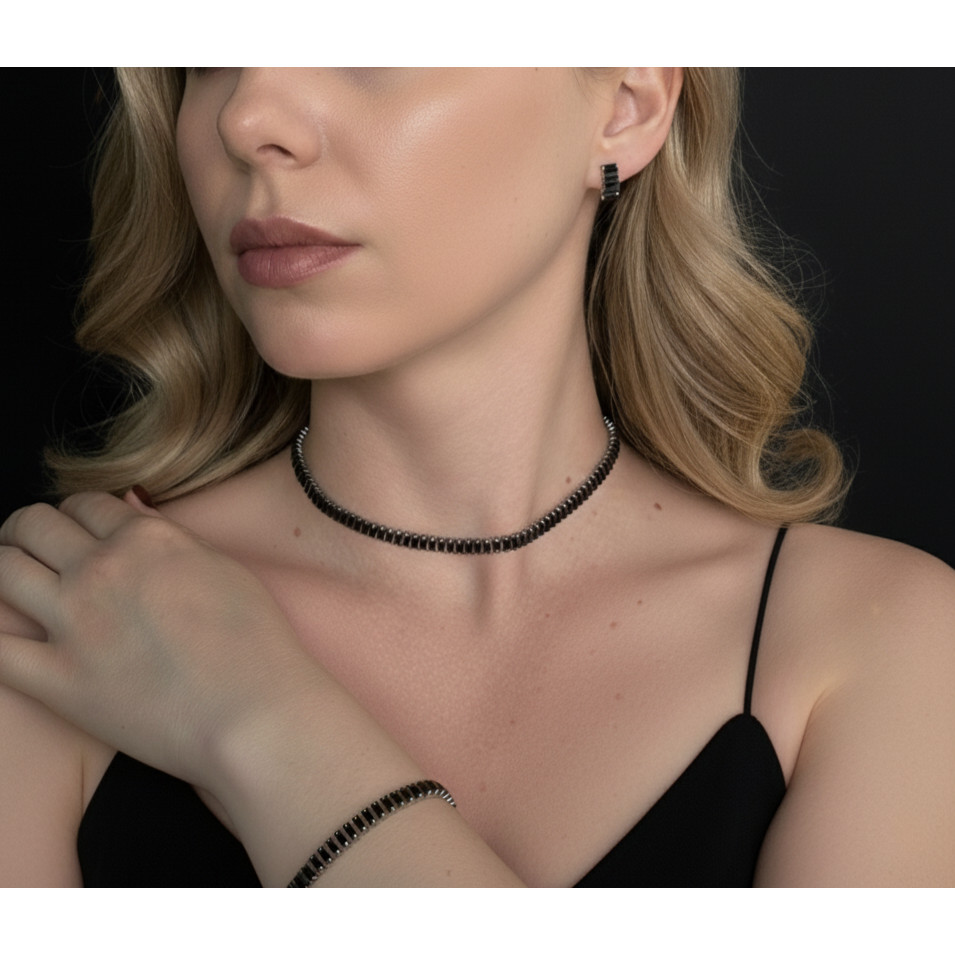 Conjunto Riviera Colar Brinco Pulseira Preto Prateado