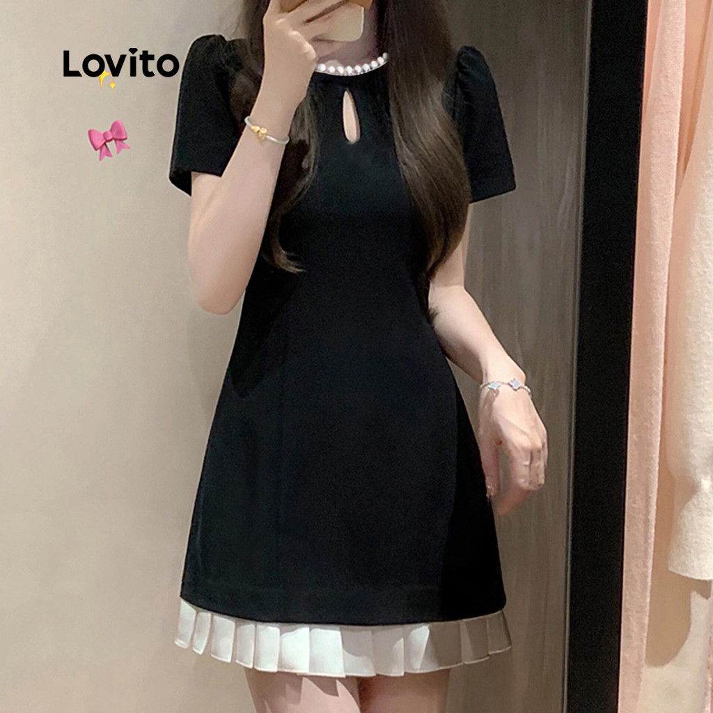 Lovito Vestido Casual Colorblock Costura em Tecido Primavera/verão Vestido Preto para Mulheres LK2AD249 em Oferta na Shopee