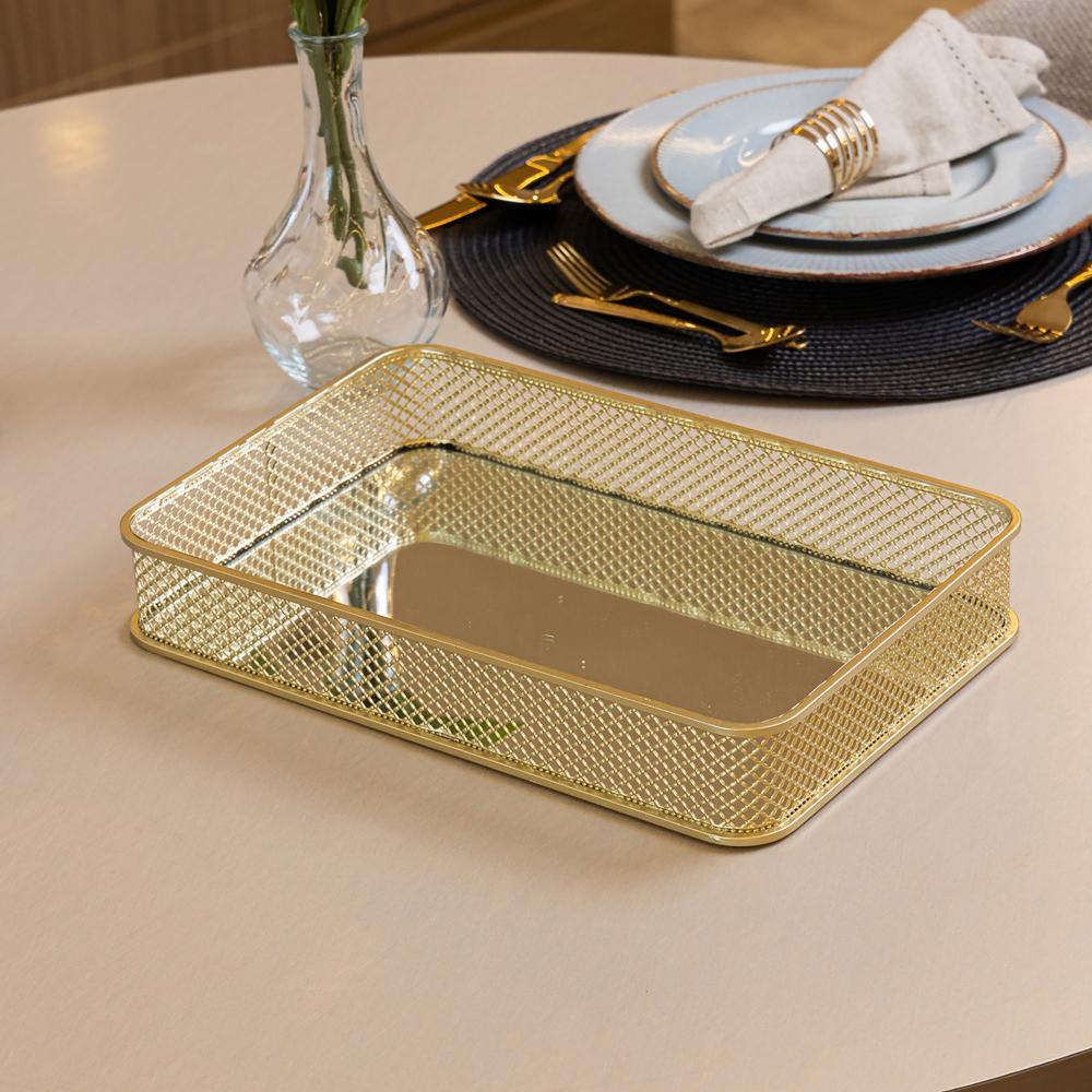 Bandeja com Espelho Elise 31cm x 21cm x 5cm Dourada Metal em Oferta na Shopee