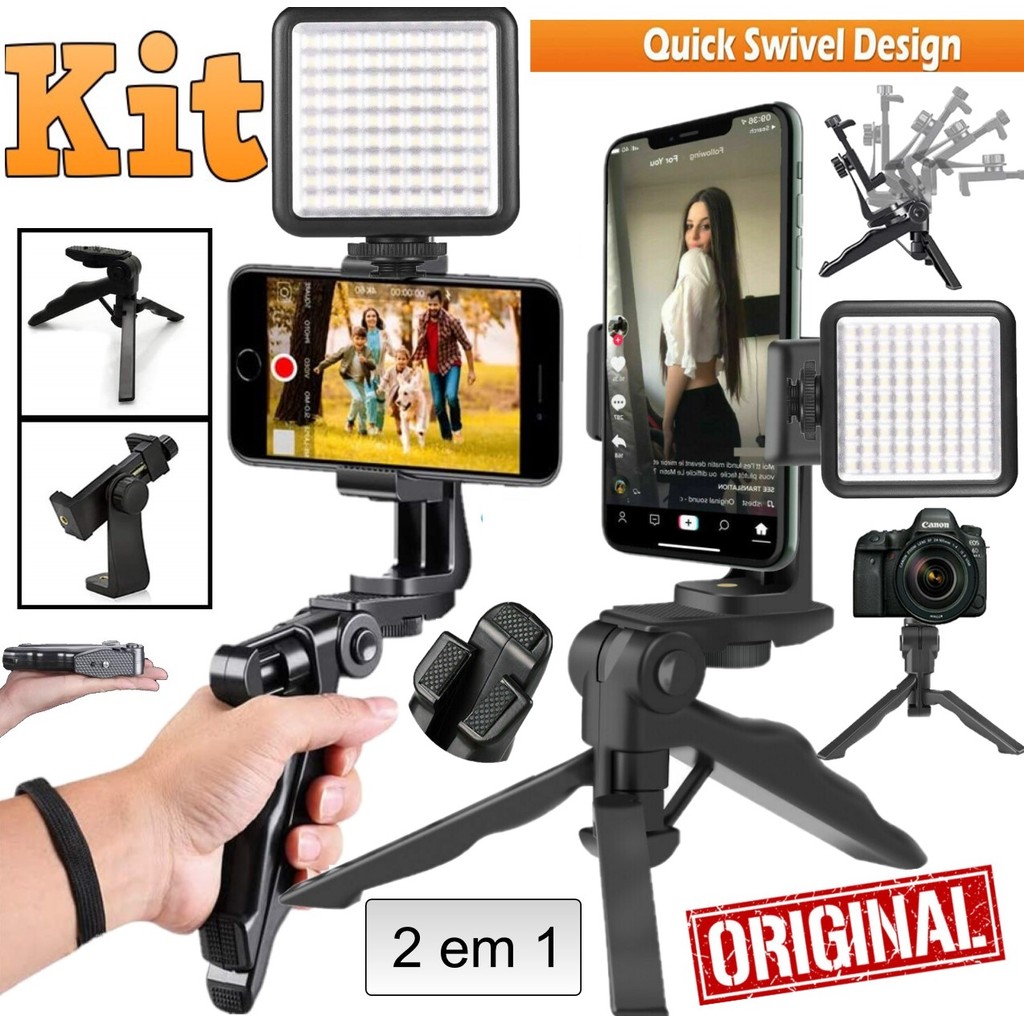 Estabilizador de Celular Tripé Suporte Universal + Painel de Luz Led Iluminador Foto Vídeo Selfie Gravação Profissional