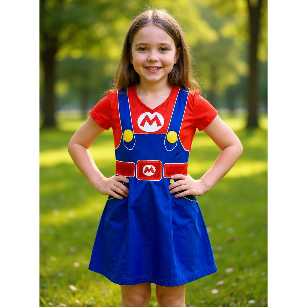 Fantasia tema Menina Mario Bros Vestido Infantil Feminino Premium Para Carnaval Halloween Festa Tema