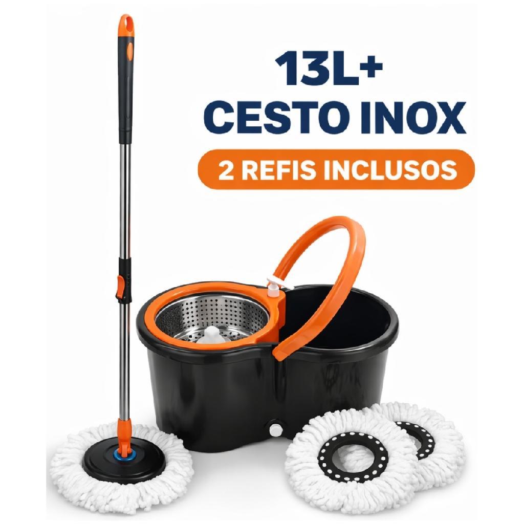 ARPURE Mop Esfregão Giratório Balde Inox 13 Litros + 2 Refis + Cabo Longo 1,4 Metros