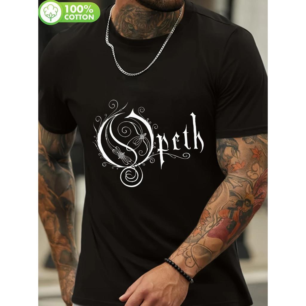 T-shirt com logótipo da banda Opeth - Estilo de merch da banda de heavy metal com decote redondo, camiseta de algod?o re