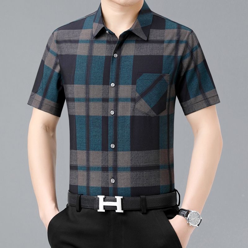 P camisa xadrez masculina de manga curta All-Match topo não-ferro de meia-idade idoso pai Casual solto camisa masculina 